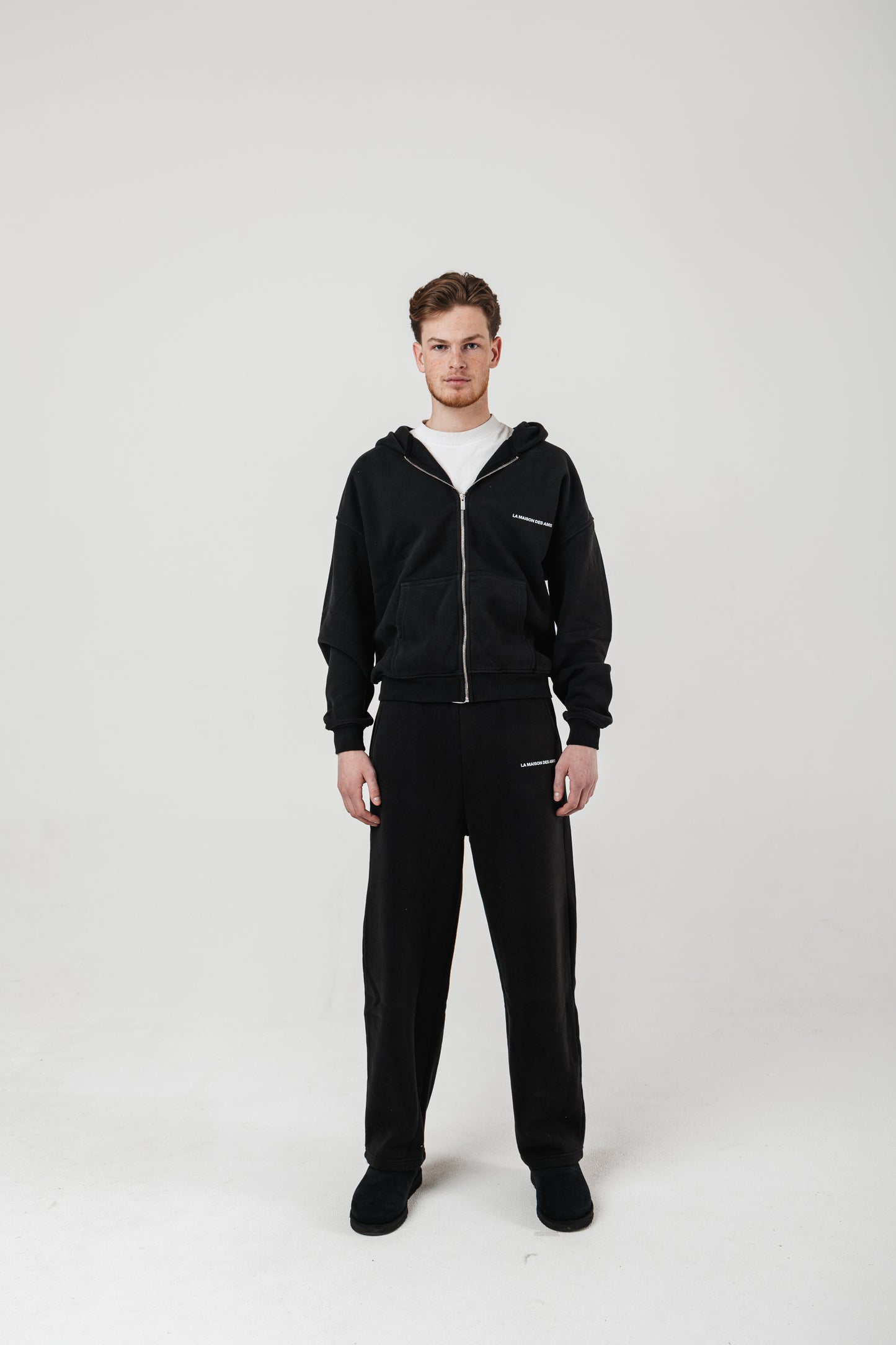 Black zip-up hoodie and sweatpants lounge suit, 440 GSM heavyweight fabric