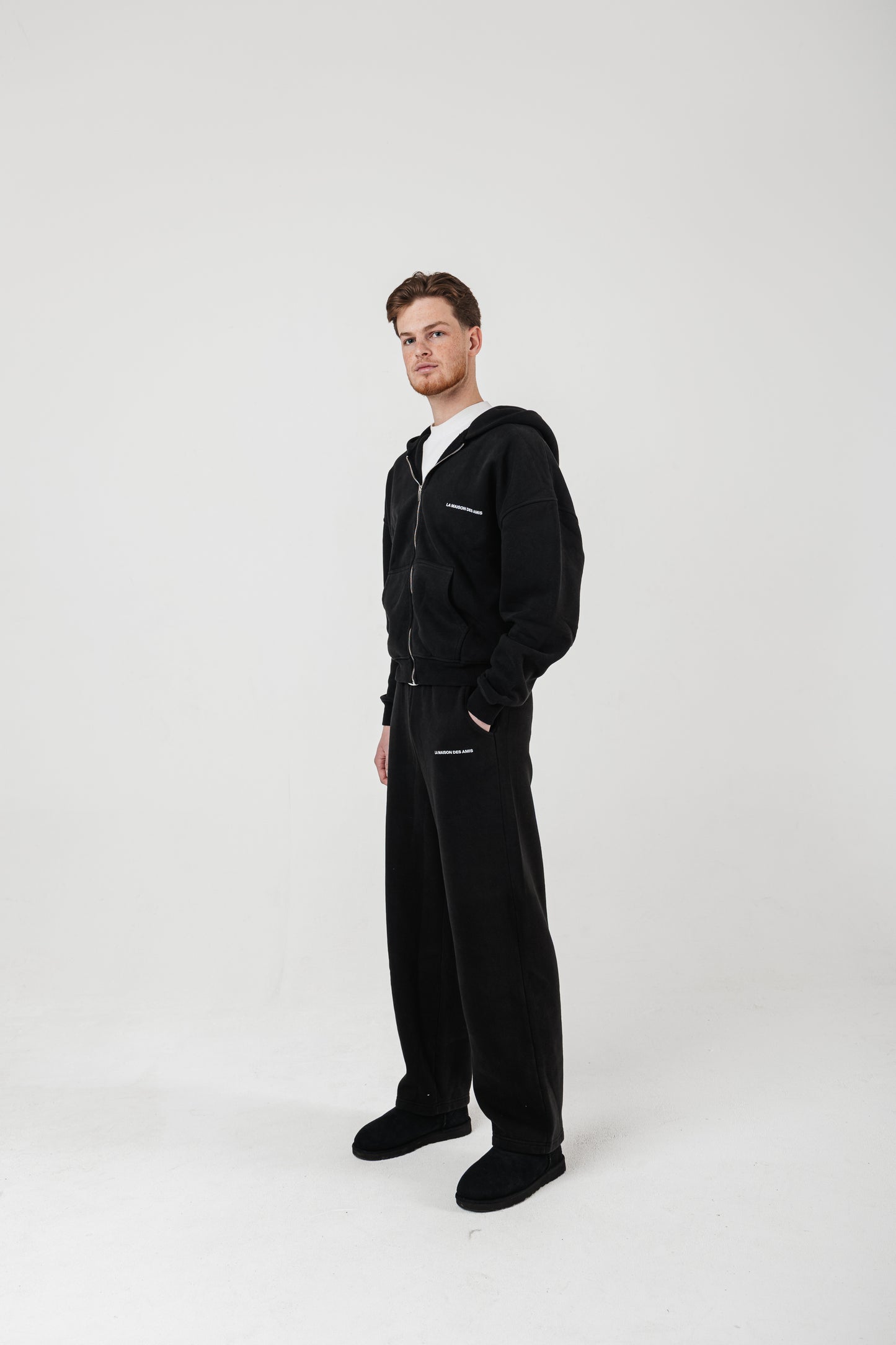 Luxury black streetwear set, zip hoodie and straight-fit pants